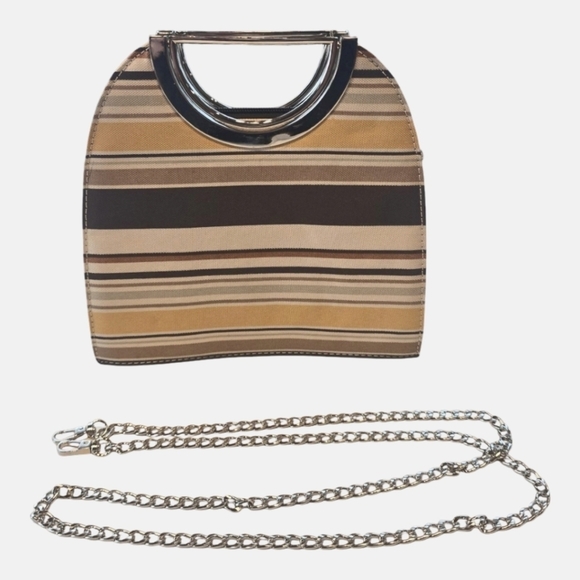 Top Handle Canvas Brown Yellow Cream Stripe Handbag - Picture 4 of 9